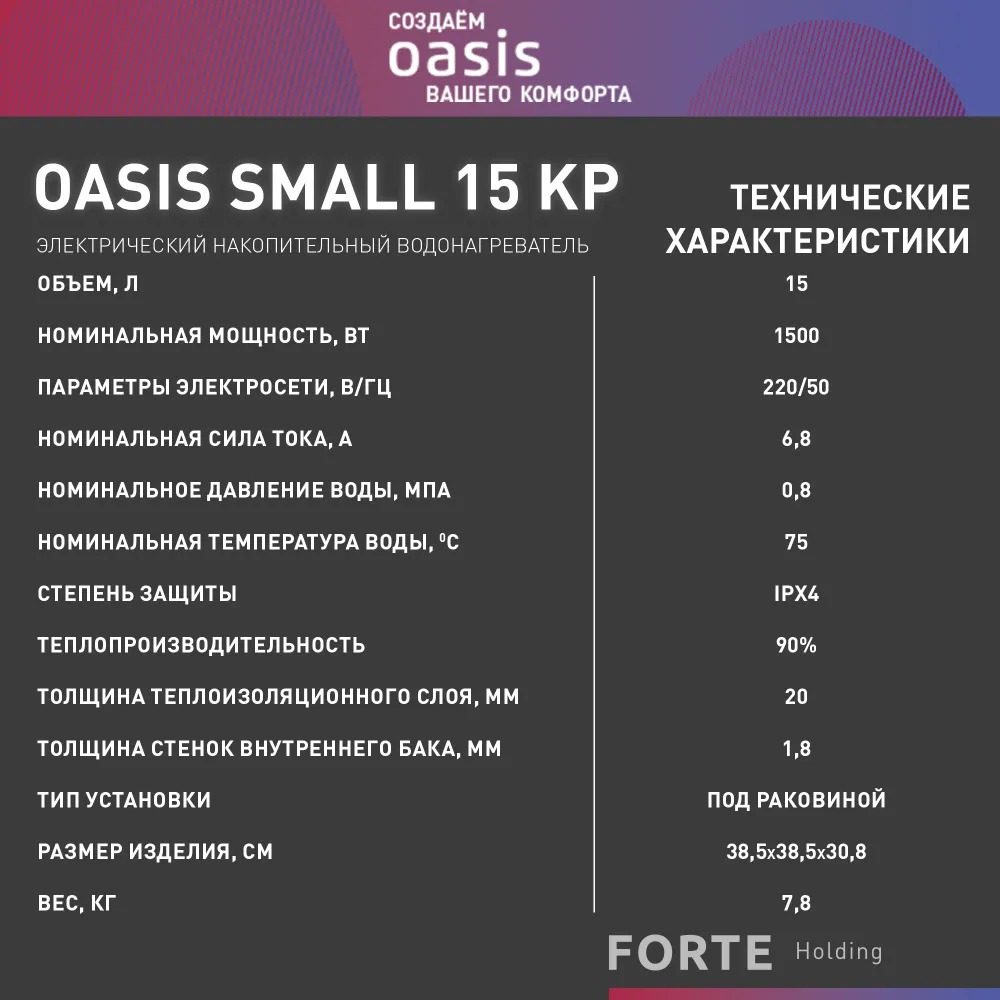 Водонагреватель накопит. Oasis 15 KP (1,5кВт, 15л, 8бар, эмаль, клапан, до 48ч, верхнее подключ.)