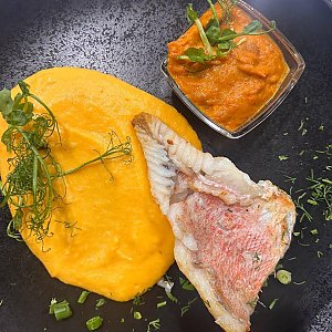 Белая рыба с морковным пюре, ДраникЪ