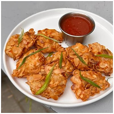 Заказать Миндальные креветки Темпура с малиновой сальсой, Тэмпл