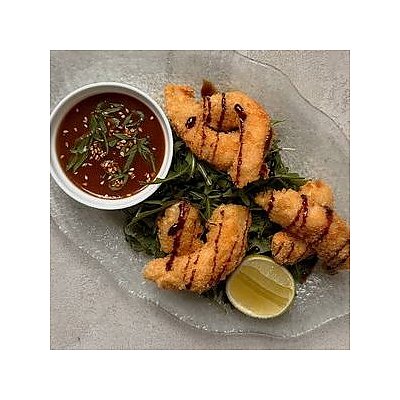 Заказать Креветки в темпуре с пряным кунжутным соусом, Эсперанто