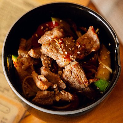 Заказать Лапша яичная с овощами и свининой, Rasskazov