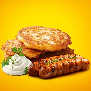 Драники со сметаной и колбасками BBQ, Кухня - Бобруйск