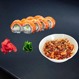 Рис с курицей и овощами и ролл Филадельфия, UmaMania