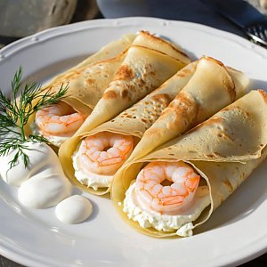 Блины с творожным сыром и креветками, Фуршеринг (Пельмени с характером)