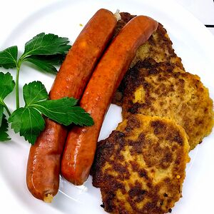 Драники с варшавской колбаской из говядины, Драники, блины & пельмени
