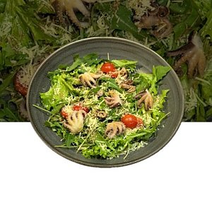 Салат с бейби осьминогами и соусом Понзу, Гурманофф
