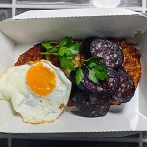 Драники с кровяной колбасой и яйцом, Быстрая Трапеза