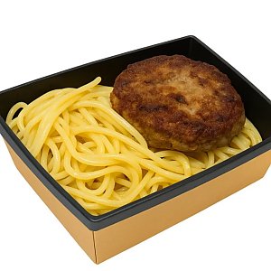 Биточки куриные с грибами и спагетти, FOX FOOD
