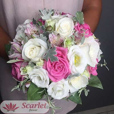 Заказать Букет невесты из роз, альстромерии и эустомы, Scarlet Flower