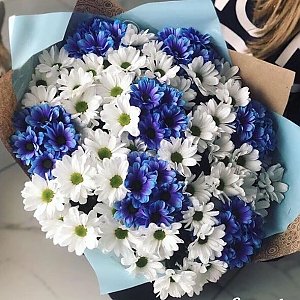 Букет из 151 белой и синей ромашки в оформлении, Lotus Flower