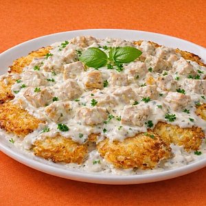 Драники в сливочном соусе с кусочками курицы, Сытый Папа - Речица
