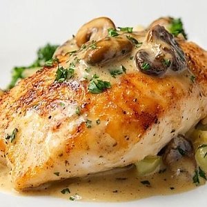 Стейк из куриного филе с шампиньонами, картофель молодой с укропом и маслом, Кафе Трактир
