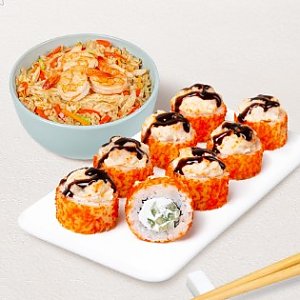 Бизнес-ланч Азиатский M с роллом Окунь Чиз, Суши WOK - Поставы