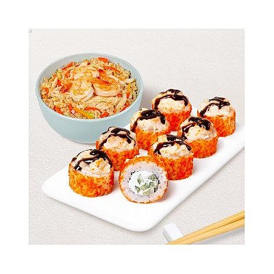 Заказать Бизнес-ланч Азиатский M с роллом Окунь Чиз, Суши WOK - Поставы