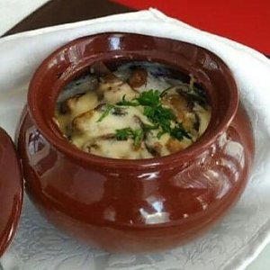 Мачанка с грибами и сливочным соусом в горшочке, Славия