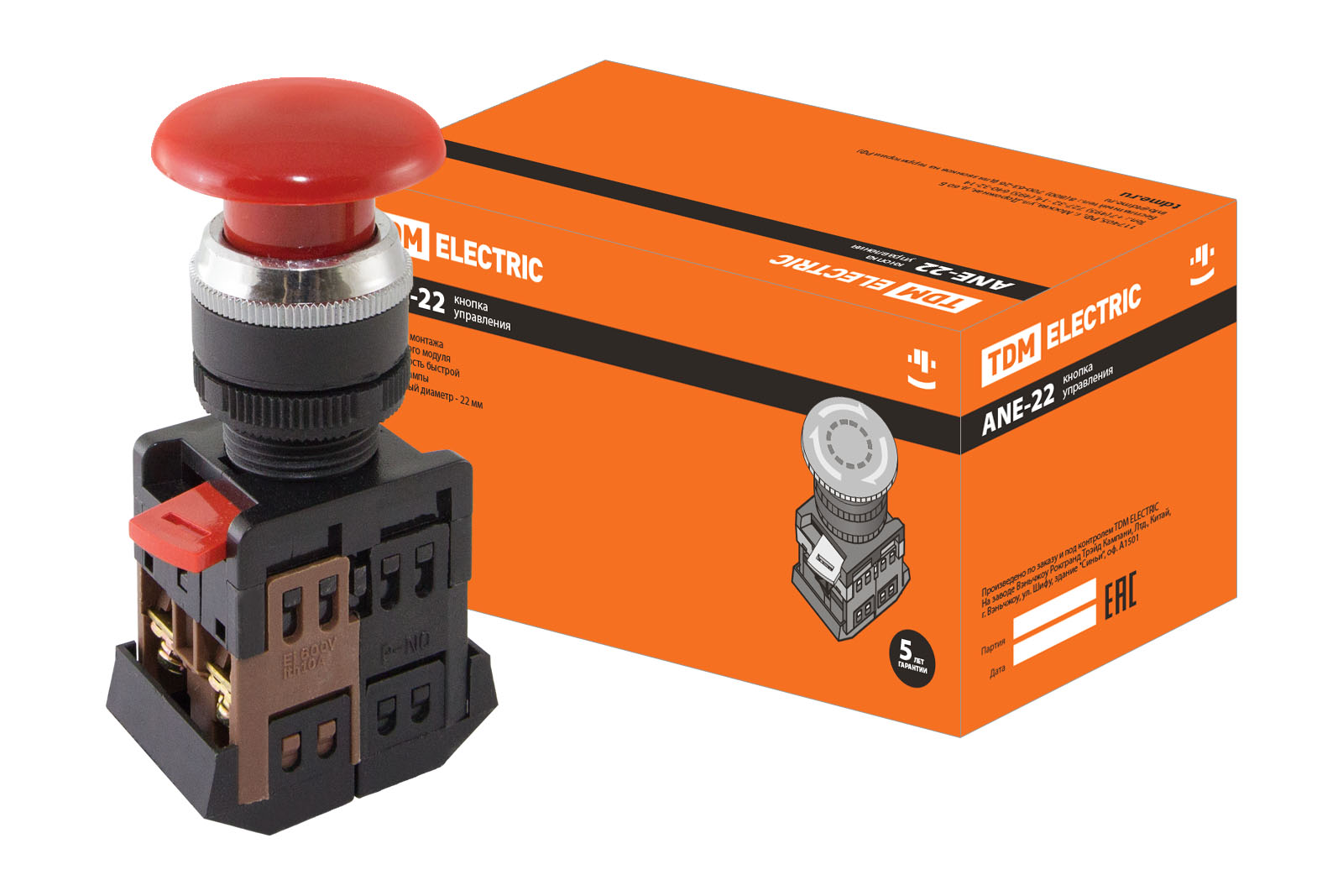 Кнопка ANE-22 "Грибок"с фиксацией красный d22мм неон/230В 1з+1р TDM, Ввезен из РФ