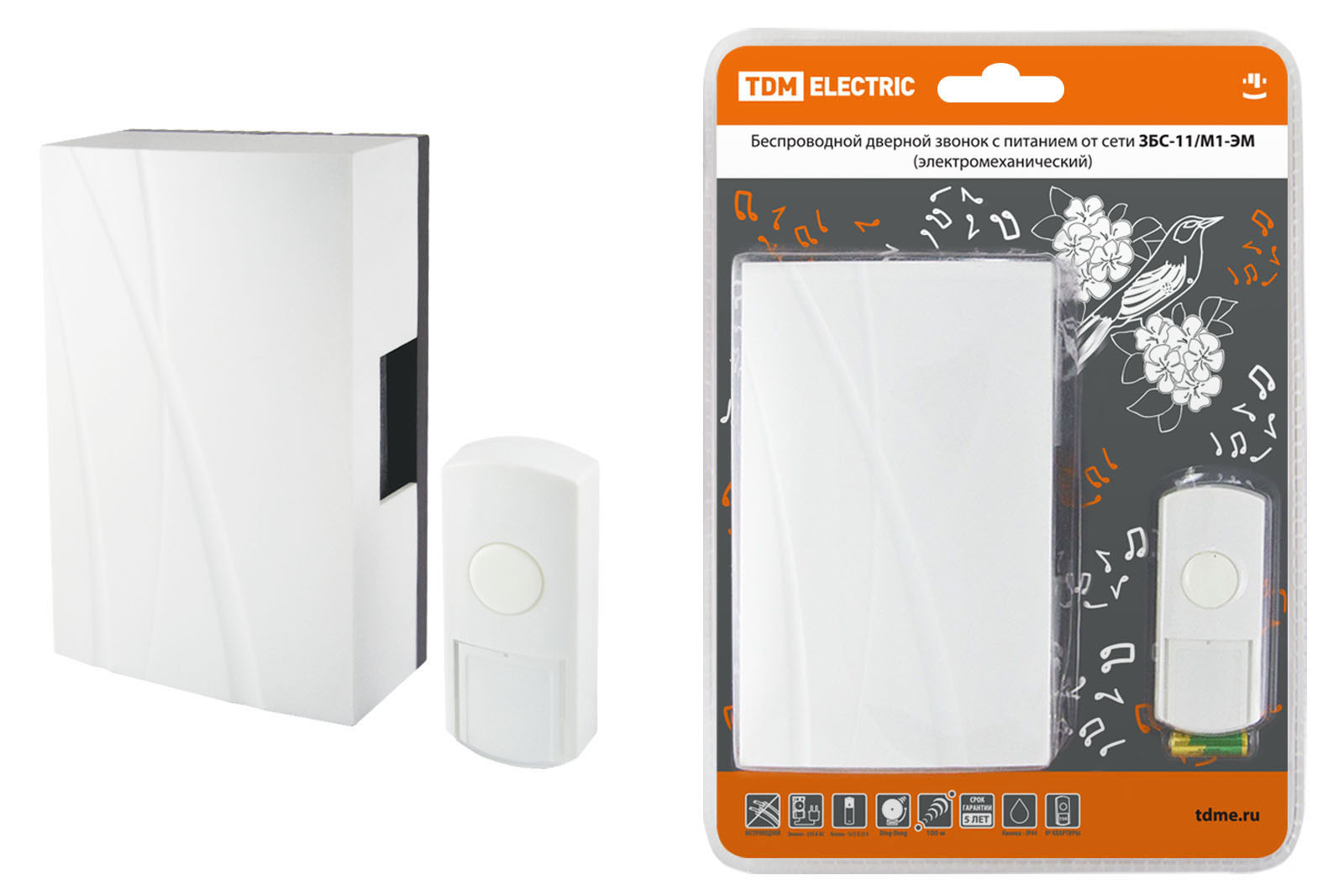 SQ1901-0013 Звонок беспроводной в эл.сеть ЗБС-11/М1-ЭМ (эл.мех, кнопка IP44, AC 230V, многокодовый) TDM, Ввезён из РФ