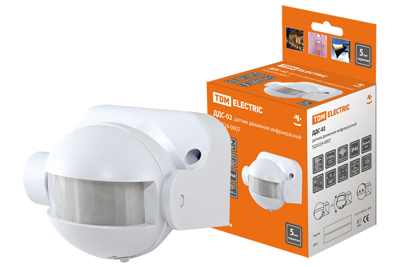 Датчик движения настенный ДДС-02 1100Вт, 5-480c, 12м. 180град.,  IP44 TDM, Ввезен из РФ