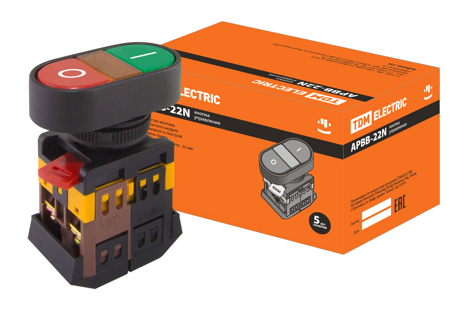 Кнопка APВВ-22N "I-O" d22мм неон/230В 1з+1р TDM, SQ0704-0021, Ввезен из РФ