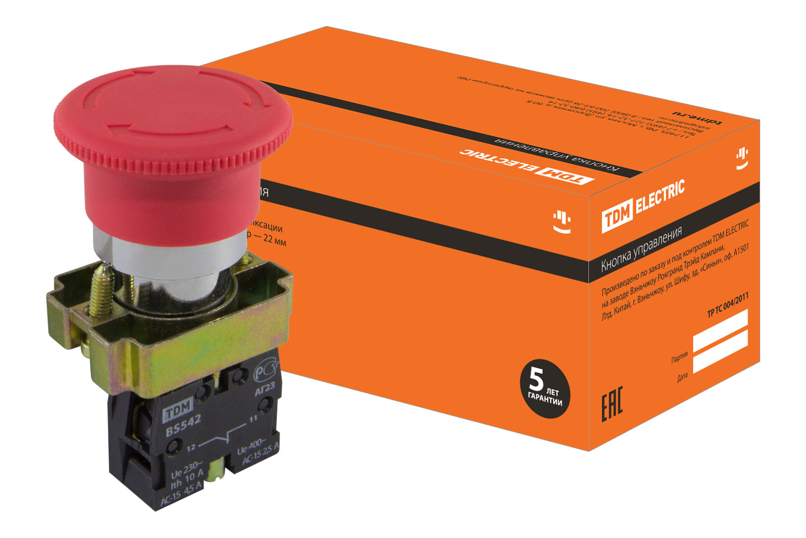 Кнопка BS542 "Грибок" аварийная с фиксацией поворотная красный TDM, Ввезен из РФ