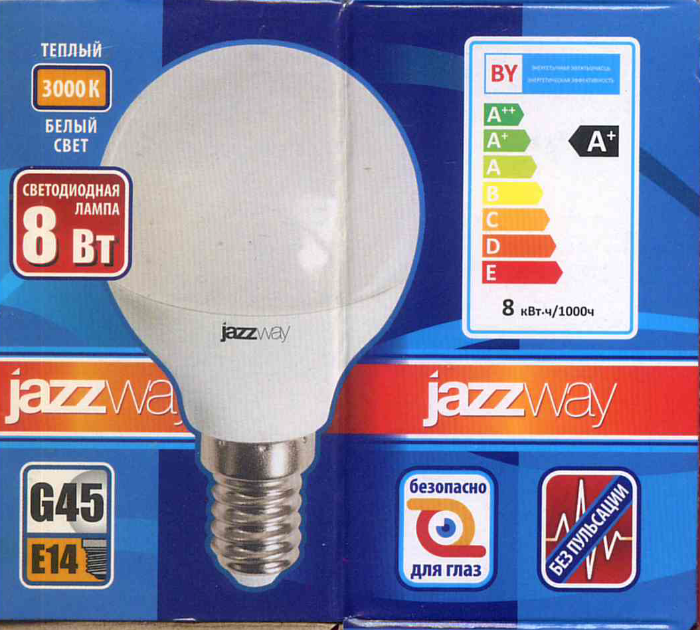 .5028593 Лампа светодиодная  PLED-LX G45 8w E14 3000K Jazzway, Ввезен из РФ. Код ОКРБ 007-2012: 27.40.15