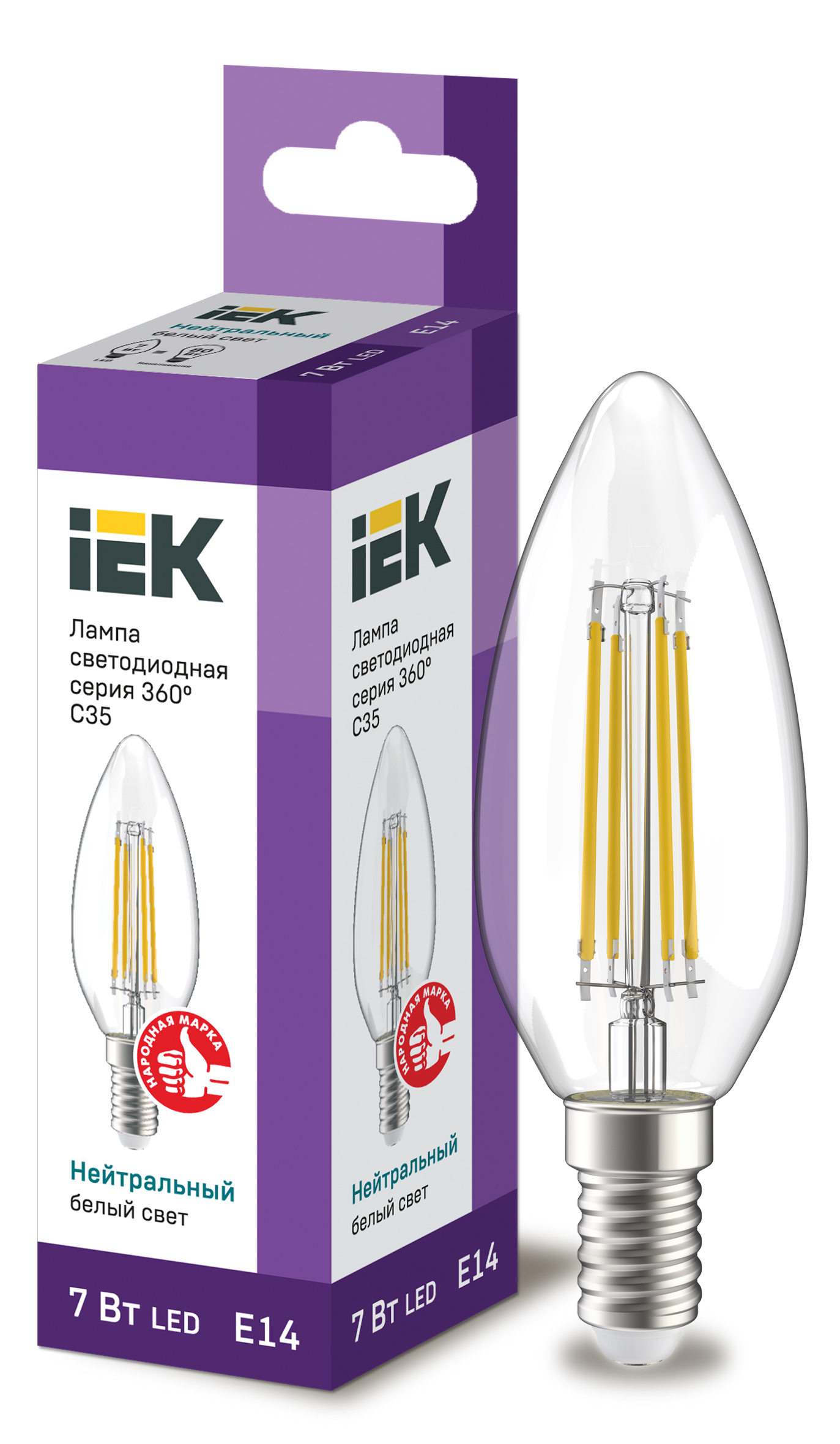 Лампа LED C35 свеча прозр. 7Вт 230В 4000К E14 серия 360° IEK