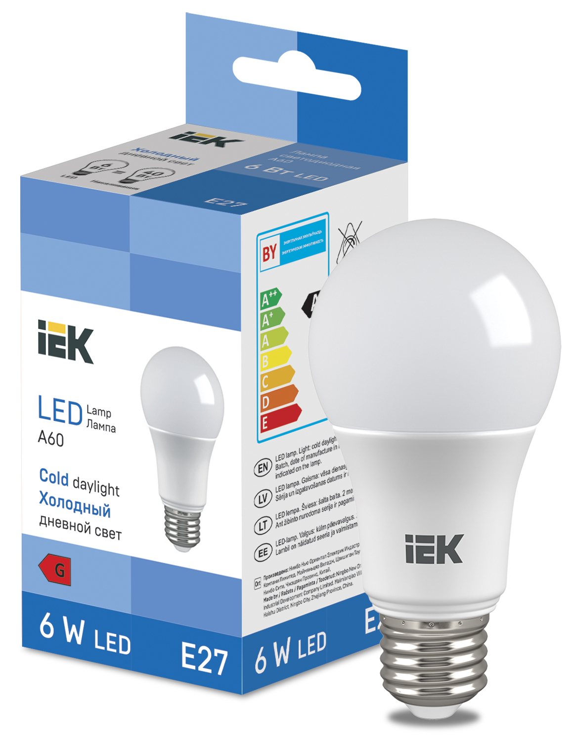 53224 Лампа LED 6W Bulb A60 510lm 6500K E27 IEK, Ввезен из РФ. Код ОКРБ 007-2012: 27.40.15