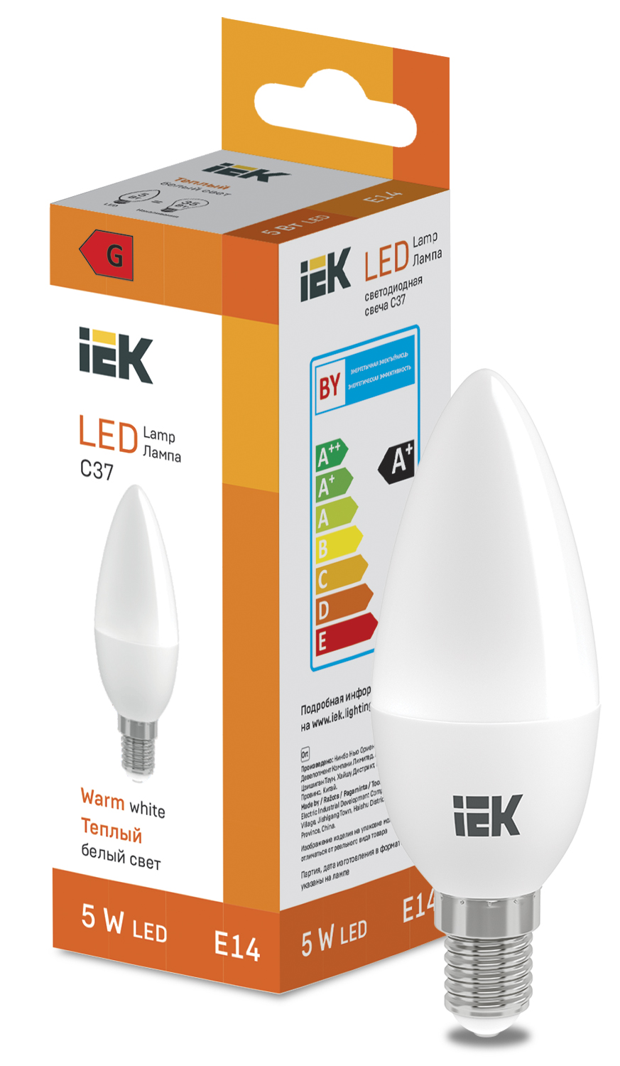 53682 Лампа LED 5W Candle C37 400lm 3000K E14 IEK, Ввезен из РФ. Код ОКРБ 007-2012: 27.40.15