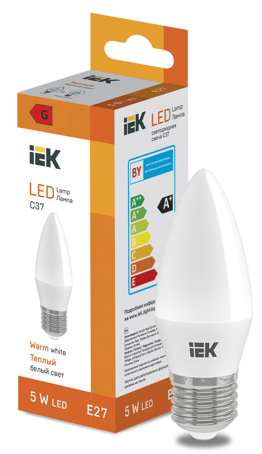 53712 Лампа LED 5W Candle C37 400lm 3000K E27 IEK, Ввезен из РФ. Код ОКРБ 007-2012: 27.40.15