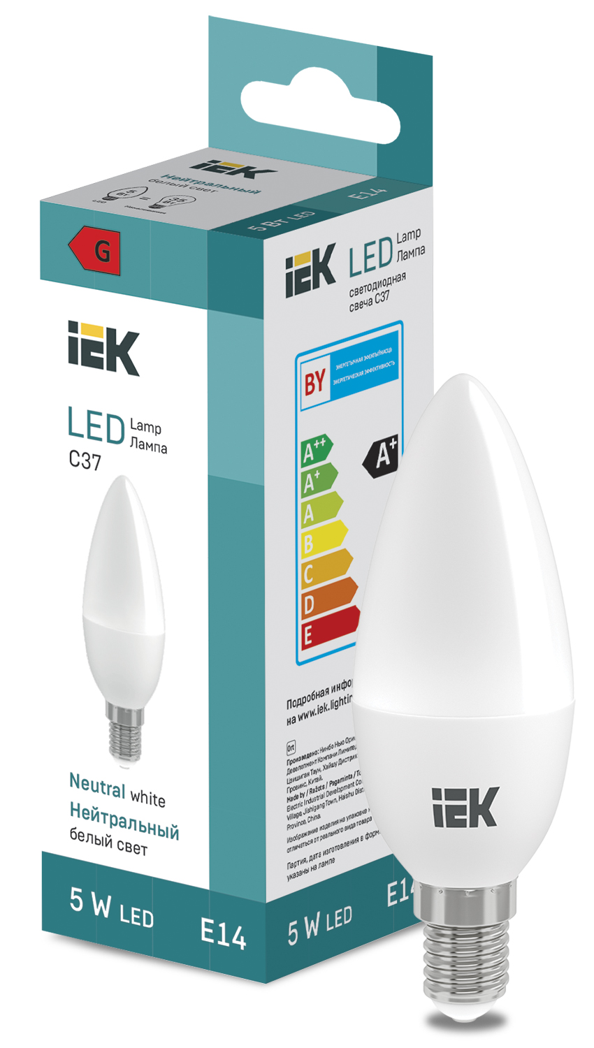 53767 Лампа LED 5W Candle C37 400lm 4000K E14 IEK, Ввезен из РФ. Код ОКРБ 007-2012: 27.40.15