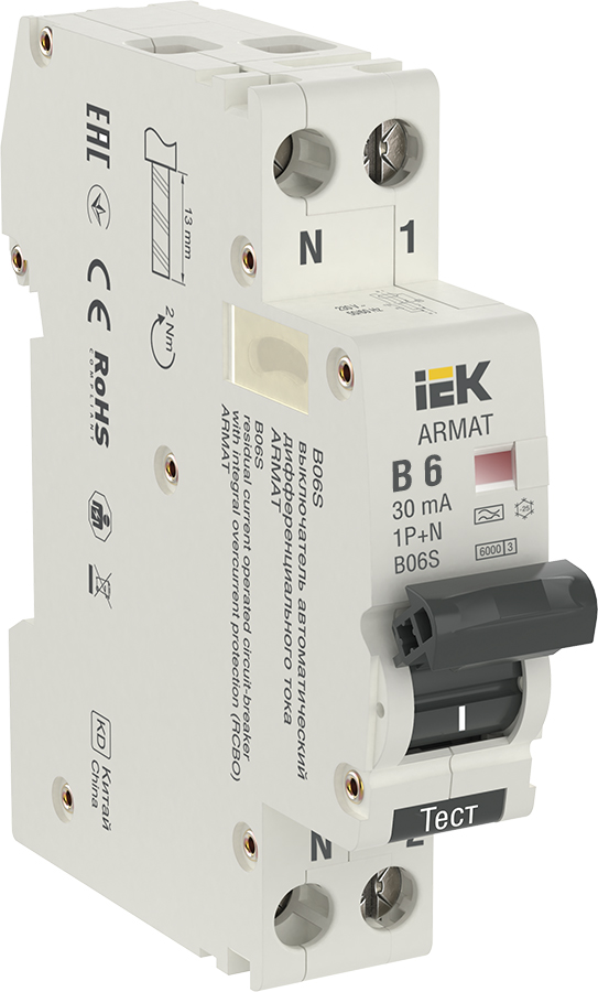 ARMAT АВДТ B06S 1P+NP B6 30мА тип A (18мм) IEK