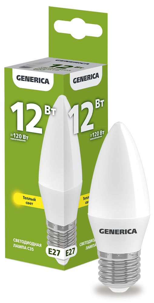 Лампа LED C35 свеча 12Вт 230В 3000К E27 GENERICA