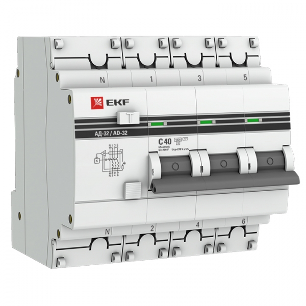 АД-32 3P+N 40А (С) 30мА тип (АС) эл. 4,5кА EKF PROxima, DA32-40-30-4P-pro, Ввезен из РФ