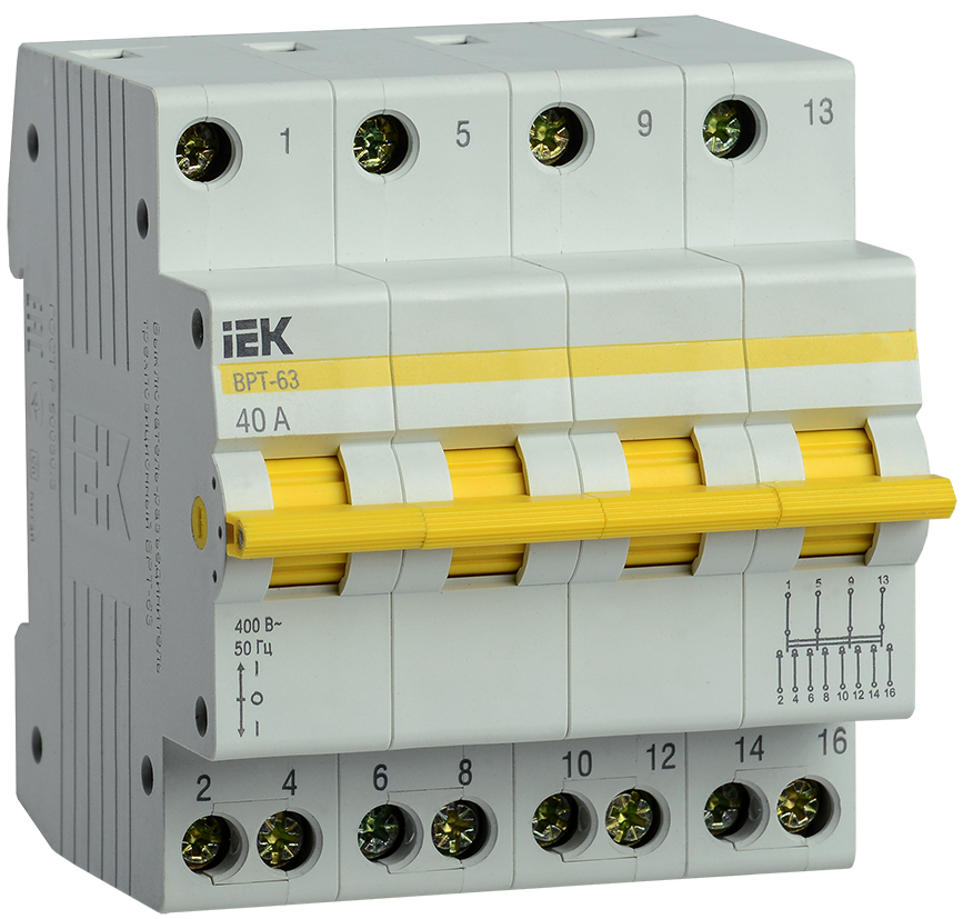 Выключатель-разъединитель трехпозиционный ВРТ-63 4P 40А IEK MPR10-4-040 IEK, Ввезен из РФ. Код ОКРБ 007-2012: 27.33.11