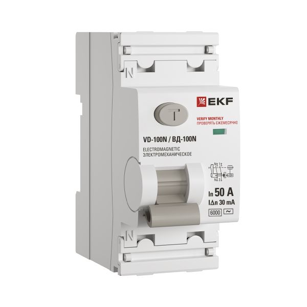 Выключатель дифференциального тока ВД-100N 2P 50А 30мА тип AC эл-мех 6кА PROXIMA EKF